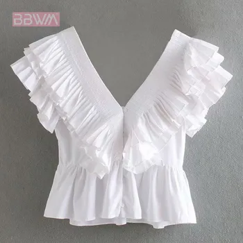 

Double-layer Ruffled Front and Back Double V-neck Waist Was Thin and Sleeveless Women's Shirt Pullover Solid Color Sexy Female