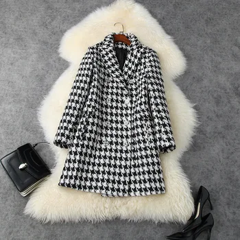 

European and American women's wear 2020 winter new style Long sleeve lapel Black and white case grain Fashionable tweed coat
