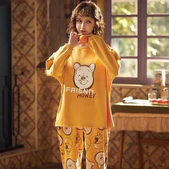 

Пижамы женские весенние и осенние хлопка шею мультфильм шаблон простой рыхлый корейский домашний сервис из двух частей костюм
