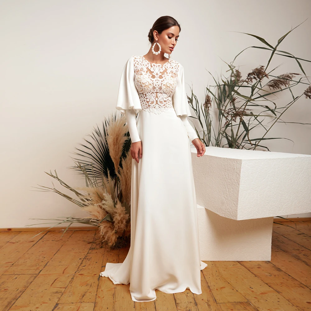 

Vintage Ivory Bohemian Wedding Dresses Long Sleeves Simple Bridal Gown Illusion A Line Zip Back Solid Color Свадебное платье