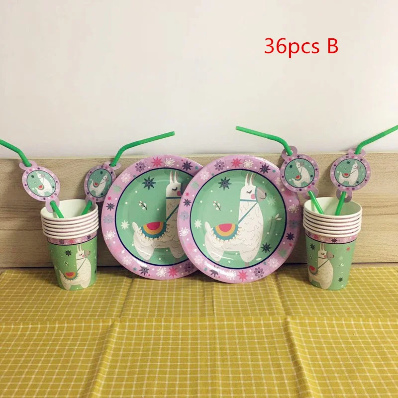 36pcs B 36 шт./компл. с рисунками животных из мультфильмов милые лама-альпака одноразовая посуда наборы тарелок чашки соломинки для день рождения, мероприятие, вечеринка Декор поставки - Цвет: 36pcs B