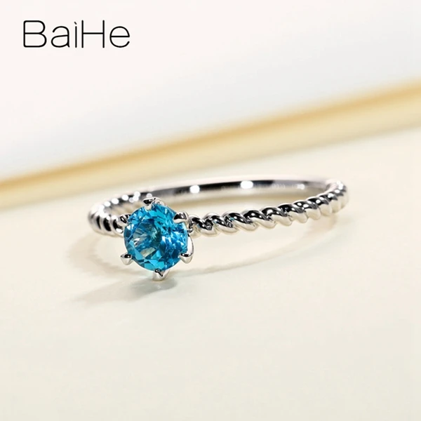 BAIHE Solid 14K белое золото 5 мм Сертифицированный безупречный круглый подлинный синий топаз помолвка женские модные ювелирные изделия Подарочное кольцо