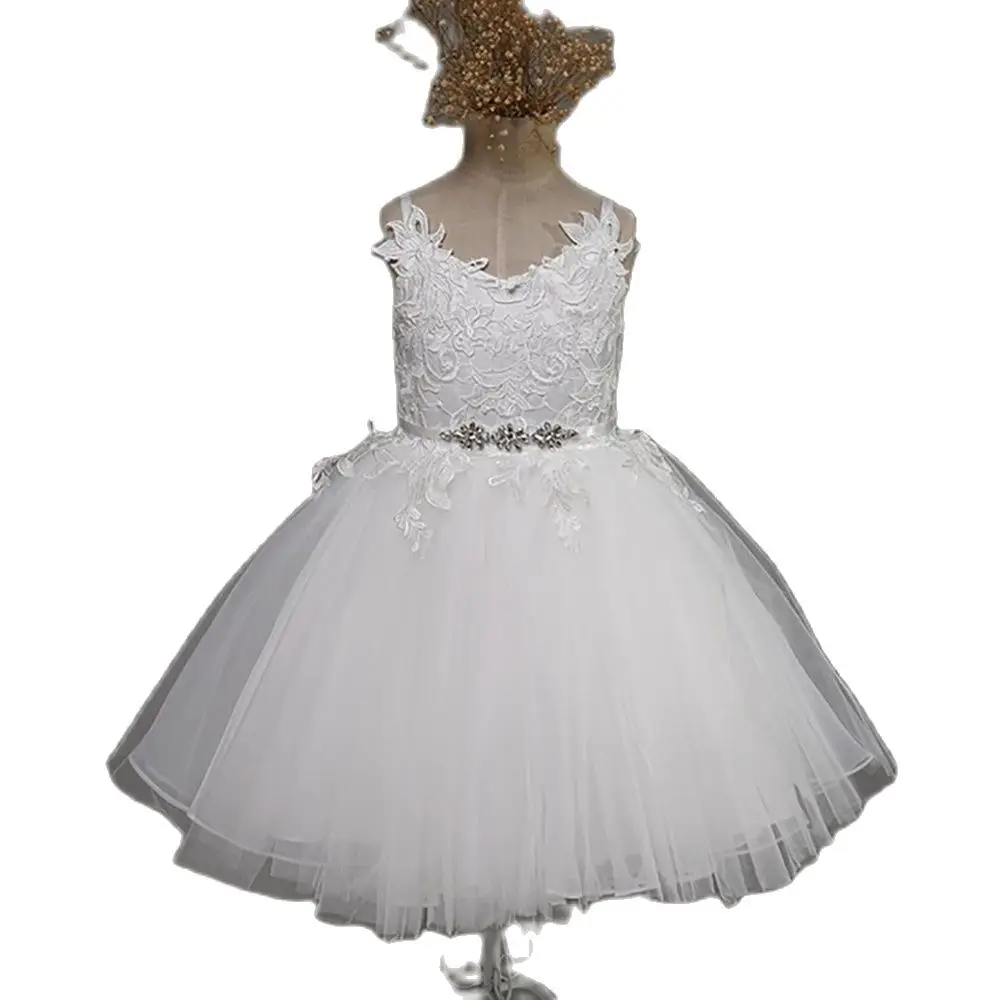 

White Lace Flower Girl Dresses Vneck Sash Tulle Pageant First Communion Dresses Prom Ball Gown Princess Baby Girl Party Dresses