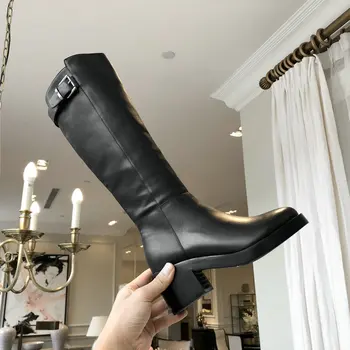

Quality Autumn Winter Women Knee High Boots Round Toe Chelsea Boots for Women New Genuine Leather Soild Casual Shoes Woman