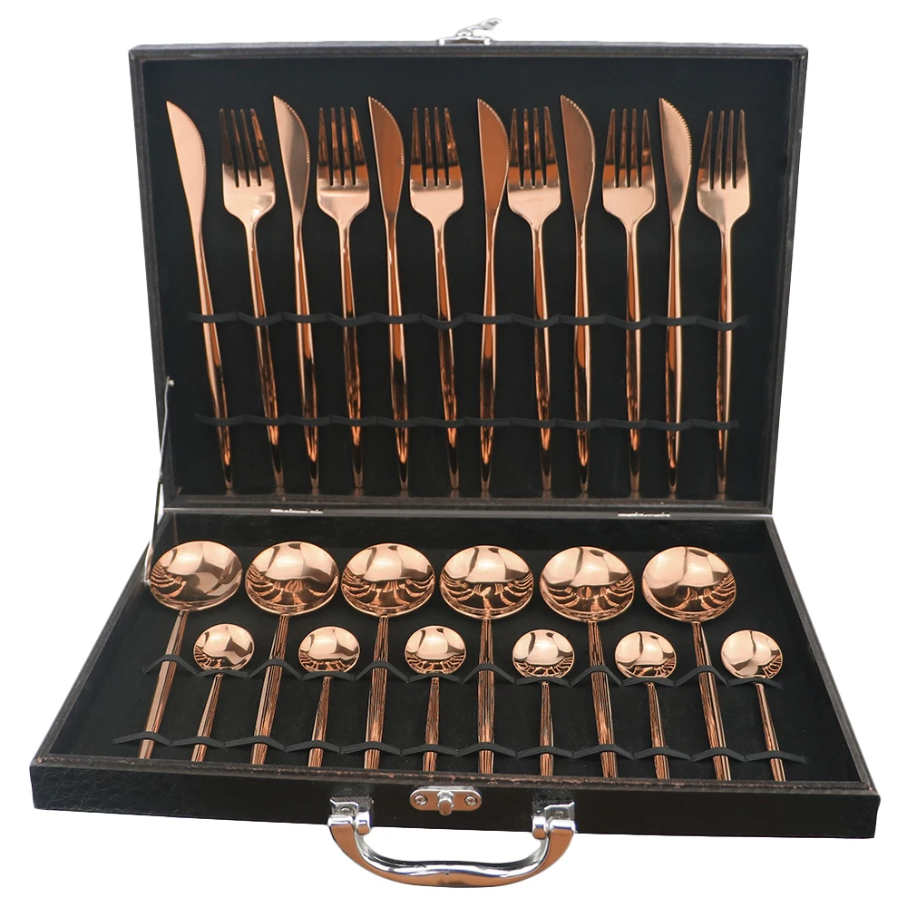 

24Pcs Rose Dinnerware Set 304 Stainless Steel Mirror Tableware Set Knife Fork Spoon Tea Spoon Cutlery Silverware With Gift Box