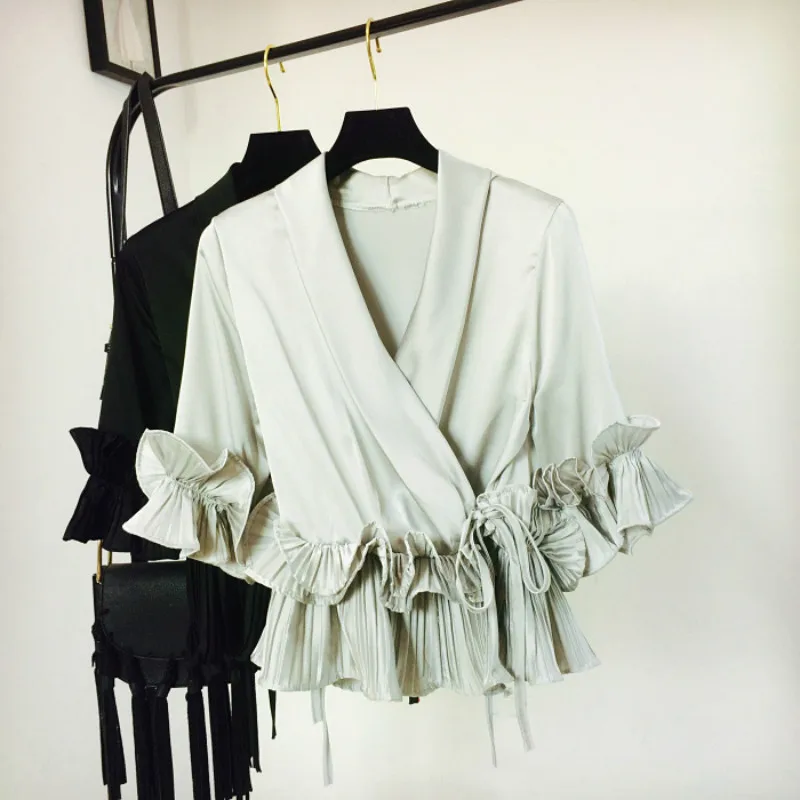 Женская шифоновая блузка с V образным вырезом и рукавом бабочкой|ruffled lace blouse|lace