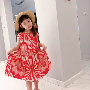 

Y8113 Sleeveless Cotton Girl dress Red Sakura Print Lace Dress Kids summer fresh floral dress for big girls
