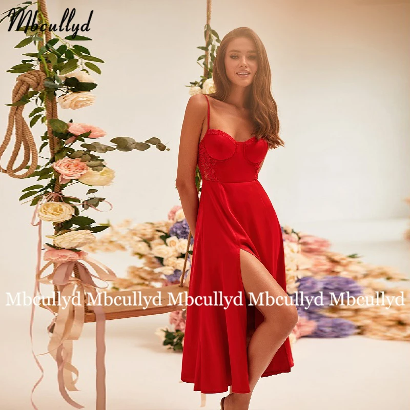 

Sexy Red Lace Evening Party Dresses Short Prom Gowns Spaghetti Strap Front Slit Cocktail Dress Formal Wear