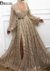 Sexy Slit Gold Evening Dresses 2024 Latest Fashion Sequins Lace Dubai Saudi Arabic Prom Gowns Long Sleeves Formal Party Dress