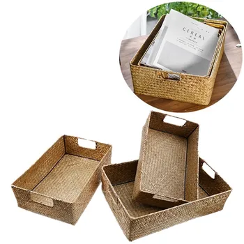 

Natural Straw Desktop Storage Basket with Handle Household Rectangular Wicker Storage Box Hand-woven Seagrass Laundry Baskets