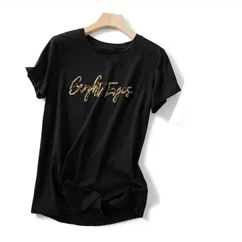 

2020 New Women T Shirt O-neck Summer Ladies Letters Beadings Short-sleeved Tshirts Clothes Simple Femme Tee Top