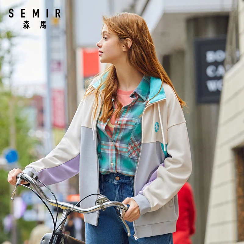

SEMIR Women Fashion Jacket 2020 Spring New Stand Collar Contrast Color Loose Knit Long Sleeve Sweet Girl Top Jacket