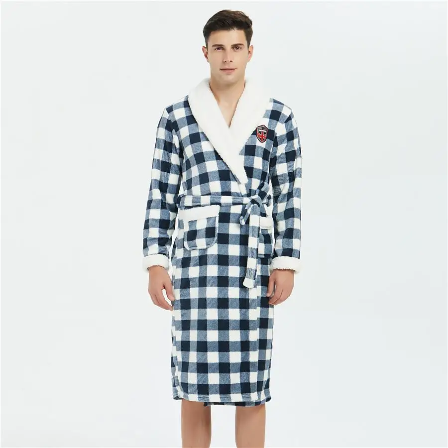 Novelty Plaid Men Flannel Sleepwear Comfortable Keep Warm Homewear Bathrobe Gown Winter Casual Soft Nightwear Intimate Lingerie - Цвет: Lattice