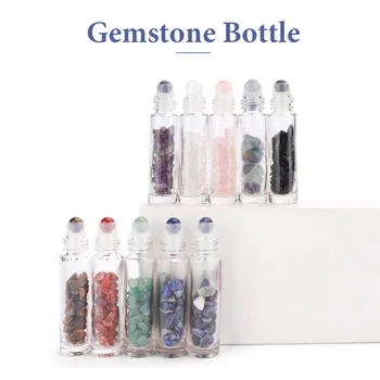 

10pcs Gemstone Essential Oil Bottles Refillable Roll-On Roller Storage Bottle Healing Crystal Chips Semiprecious Stones Bottle