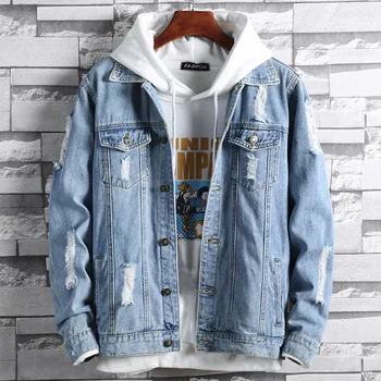 

2019 Autumn Loose Hole Chao Student Leisure Cowboy Coat Jacket Male Top