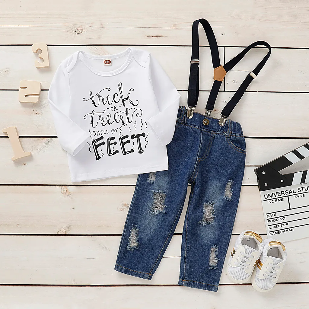 Toddler Kids Baby Boys Letter Shirt Tops+Denim Pants Overalls Gentleman Suit roupas infantis menina high quality W1010 |