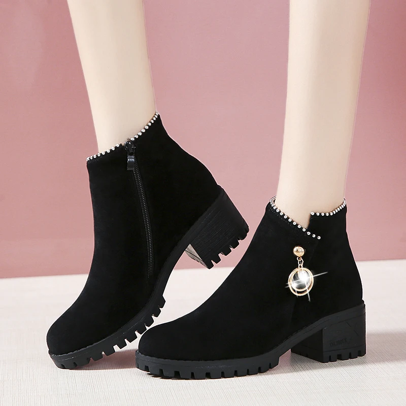 Autumn Winter Warm Women Ankle Boots Square High Heels Leather Boots Pointed Martin Boots Casual Pumps