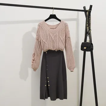 

HAMALIEL 2019 Autumn Women Fashion Hole Knitted Loose Lantern Sleeve Pink Sweater 2 Piece Set And Button Split Bodycon Skirt Set