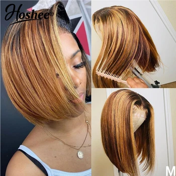 

Bob Highlight Straight Human Hair Pre Plucked Middle Part Lace Front Human Hair Wigs T Part 150% Ombre Brazilian Remy Wig