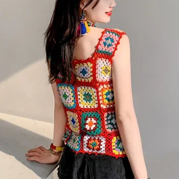 

Bohemian Indie Folk Knitted by Hand Hook flower Camis Holiday Splice Color Tassel Kntting Women Sexy Blouse Tank tops