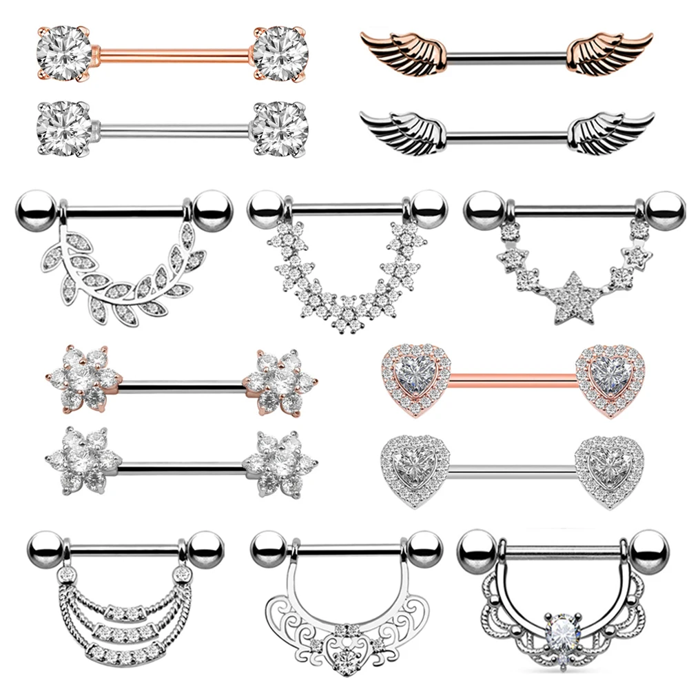 Hot Sale 2Pcs titanium steel Nipple Shield Piercing 14G Opal Heart Barbell Nipple Rings Body Jewelry For Women Mamilo Sexy Gift