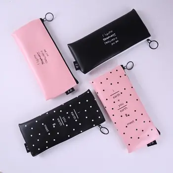 

Cute Pink Pencil Case For Girls Black White Dot Pattern Leather Pen Bag Stationery Pouch School Office Supply