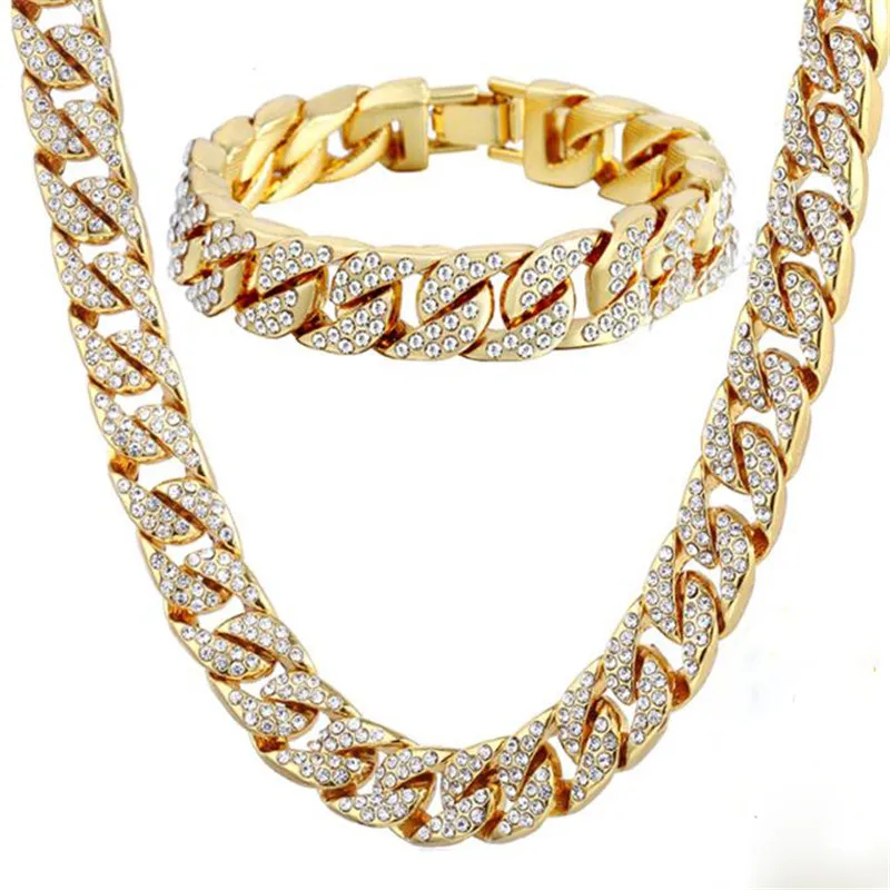 

1 Set Miami Cuban Chain Necklace Bracelet Iced Out Paved Rhinestones CZ Bling Rapper Necklaces For Men Hip Hop Jewelry