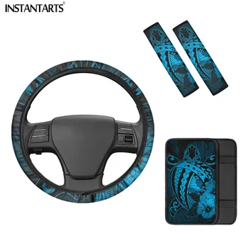

INSTANTARTS Fashion Polynesian Traditional Tribal Hawaiian Hibiscus Design Car Interior Decor 4pcs Steering Wheel Covers Floral
