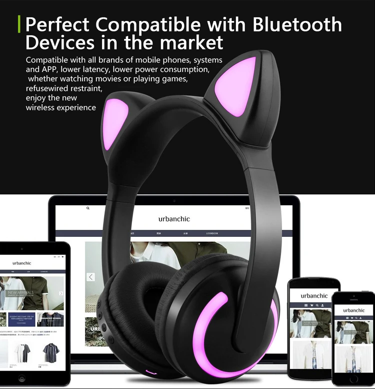 Беспроводные Bluetooth стерео наушники кошачьи наушники мигающие светящиеся Игровые наушники 7 цветов светодиодный светильник для телефона ПК