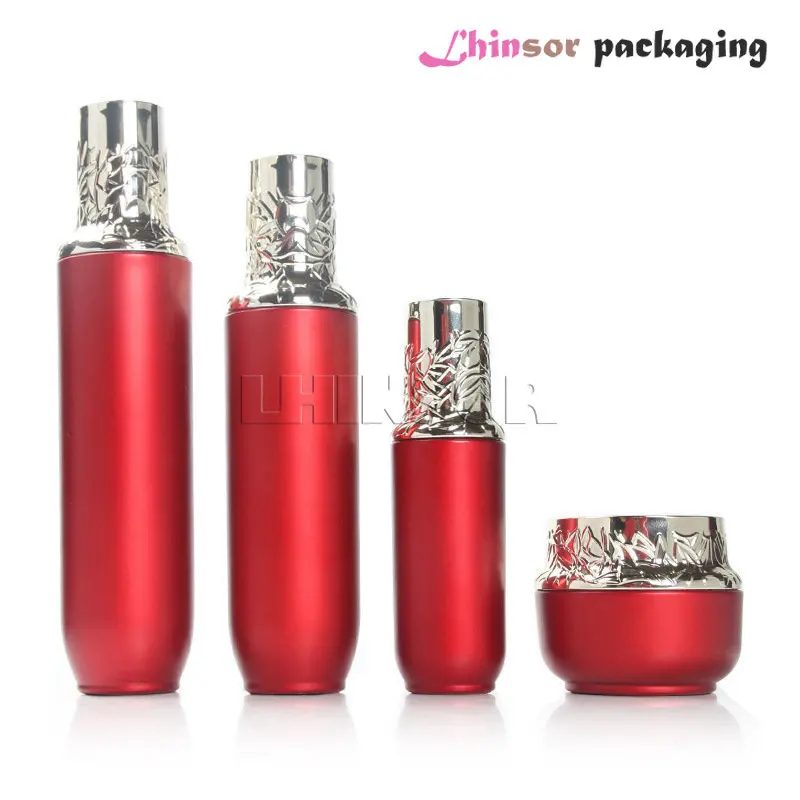 

5pcs/lot High-grade Red Glass Carving Decorative Pattern Cover Spray Lotion Bottles Cream Jar Cosmetic Packaging Containers