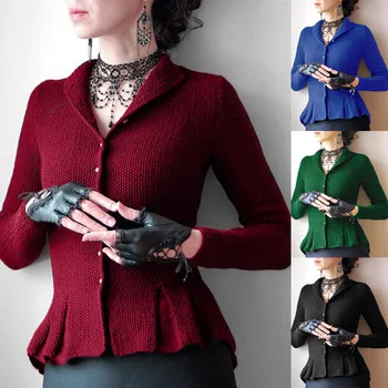 

Women Autumn Winter Ruffles Sweaters Solid Button Knitted Sweater Ladies Casual Cardigans Jumper