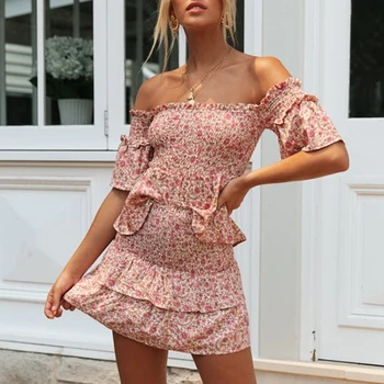 

Foridol floral print 2 pieces skirt sets 2020 new summer beach off shoulder ruffle suits women pink sets beach bodycon sets