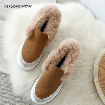 

Chunky Sole Red New Rabbit Fur Flock Loafers 2020 Winter Fashionable Comfortable Leather Platform Shoes Female Pedal Snow Boots