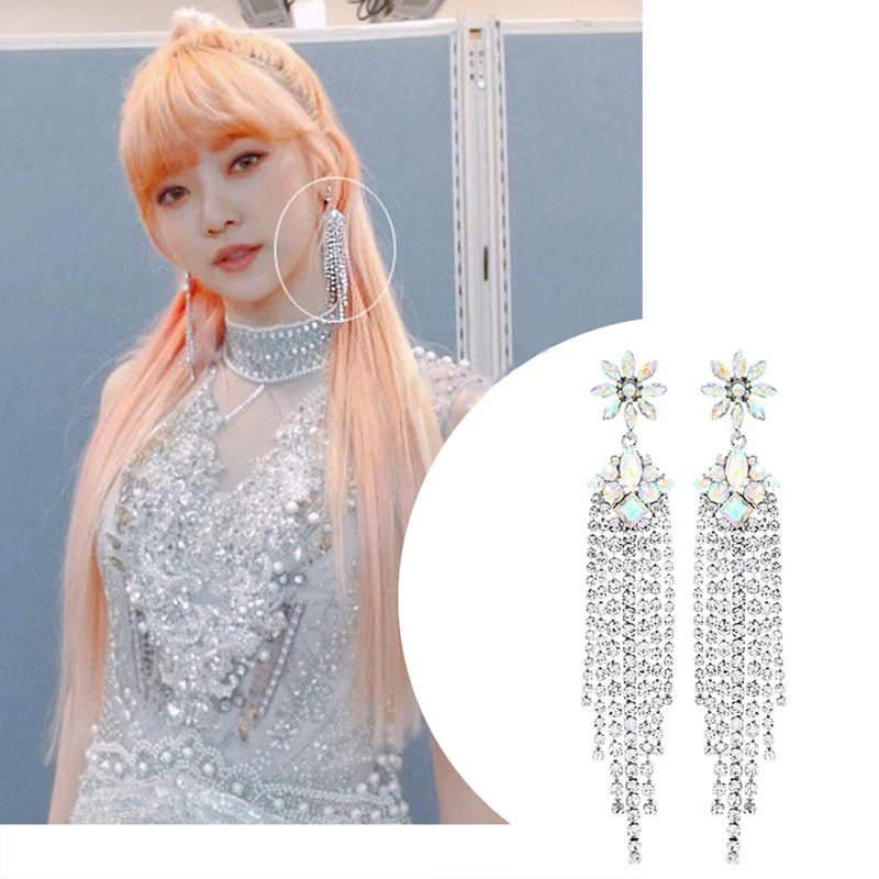 MENGJIQIAO Korean New Luxury Flower Crystal Drop Earrings For Women Elegant Rhinestone Tassel Long Pendientes Party Jewelry | Украшения и