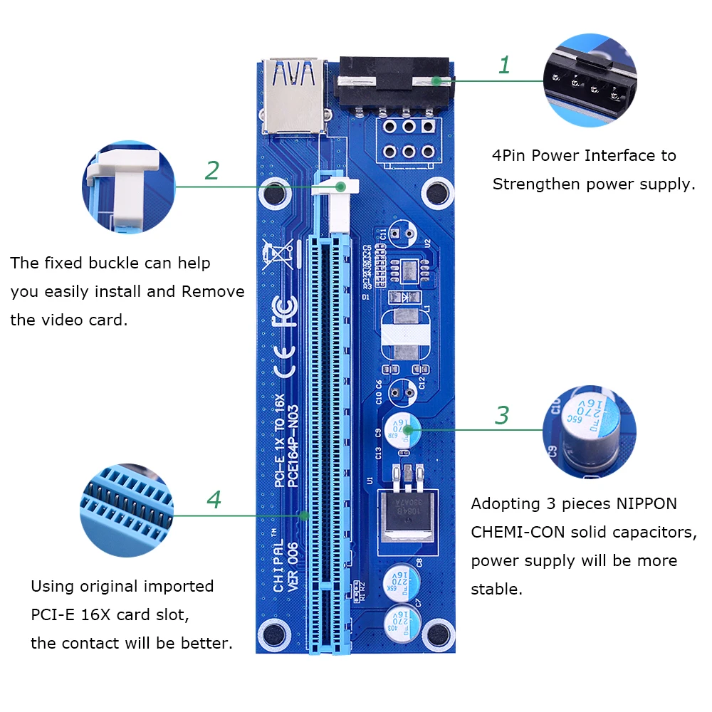 CHIPAL VER006 60CM PCIe PCI-E 1X to 16X Riser Card Extender SATA to 4Pin Power Cord USB 3.0 Data Cable for BTC Miner Bitcoin-2