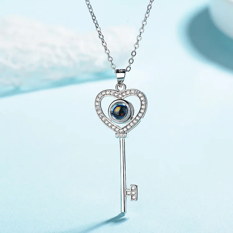 HOT Rose Gold&Silver 100 languages I love you Projection Pendant Necklace Romantic Love Memory Wedding Necklace Ring For Gifts - Цвет: E Sliver