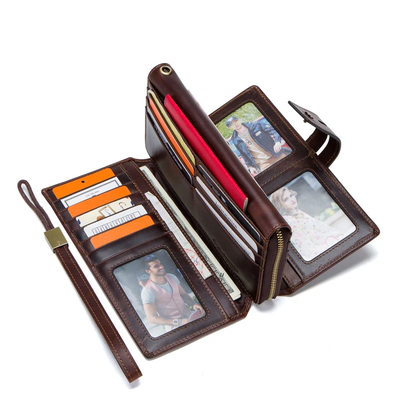 

Crazy Horse Cow Leather Tri-fold Clutch Long Design Genuine Leather Wallet Man Phone Wallet Luxury Multi-card Bit Wallet Coinbag