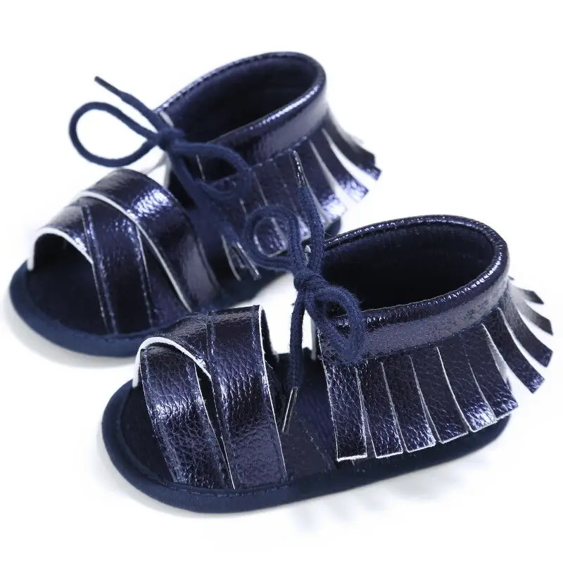 Модные сандалии для новорожденных девочек; милые сандалии принцессы с кисточками; дети младенец Начинающий ходить малыш; туфли на плоской подошве на шнуровке - Цвет: Синий
