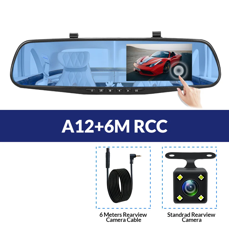 E-ACE Full HD 1080P Автомобильный видеорегистратор Камера авто 4,3 дюймов Сенсорное зеркало заднего вида цифровой видеорегистратор двойной объектив регистрационная камера - Название цвета: A12-6M RCC