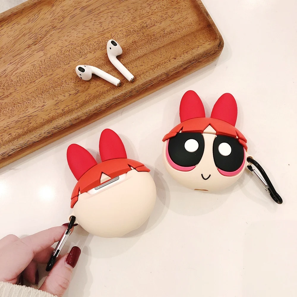3D мультфильм Powerpuff девушки наушники силиконовый чехол для AirPods 1 2 Bluetooth гарнитура зарядная коробка защитный чехол с крюком