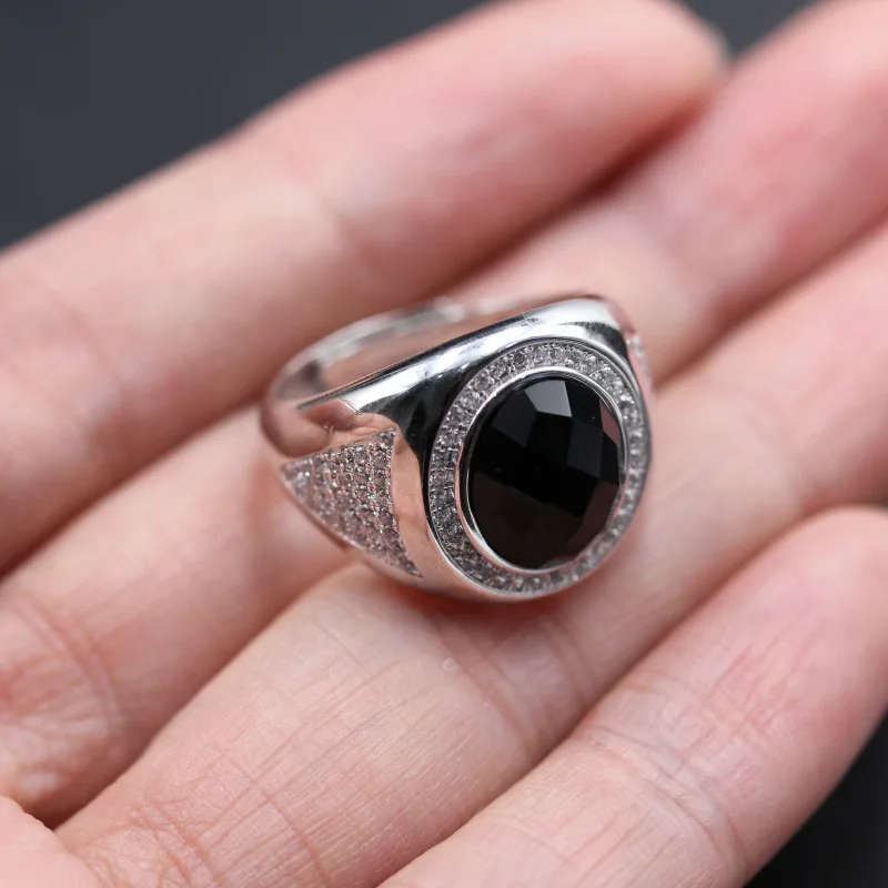Новинка,, S925 Серебряное кольцо для мужчин, модное, натуральный черный камень, инкрустированное серебряное кольцо для мужчин, микро-инкрустированное цирконием, мужское серебряное кольцо