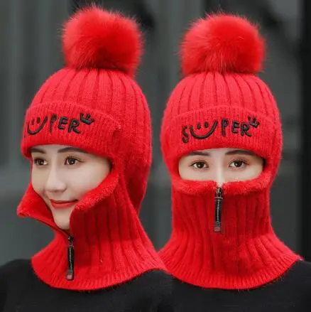 Женские зимние вязаные шапочки шапки толстые теплые шапочки Skullies шапка женская вязаная шапка с буквенным принтом шапочки уличные наборы для езды на велосипеде Siame - Цвет: 1