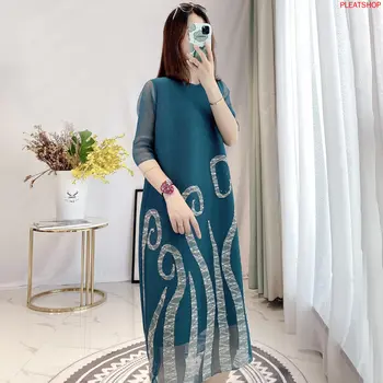 

MIYAKE Pleated Dress Women's Summer New Loose Slim Casual Mesh Temperament Goddess Fan Half-Sleeve Elegant Dress Shein Vestidos