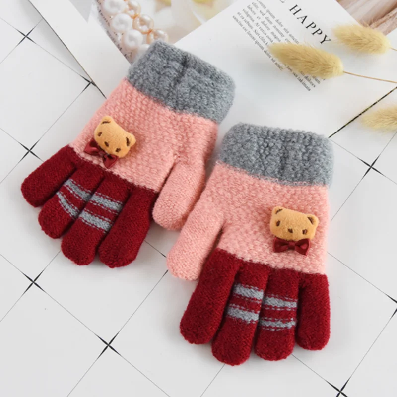 1 pair Зимние эластичные теплые перчатки для девочек, детские вязаные эластичные варежки - Цвет: 1 pair