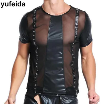 

PU Leather Mens Underwear T Shirts Sexy Fitness Black Tops Sexy Gay Wear Casual Men Clothes Short Sleeve Stage Dance Clubwear