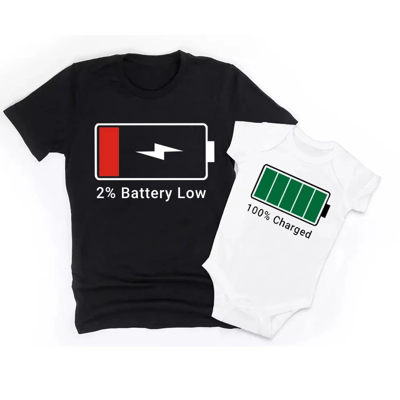 Funny Mommy and Me Matching Family Shirts Low Battery and Charged Battery Mother Daughter Daddy Son Toddler Shirts Baby Bodysuit 5