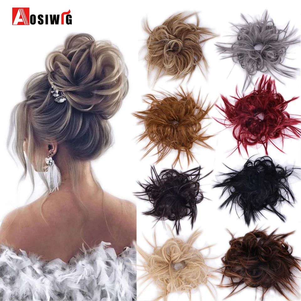 AOSIWIG_Synthetic_Bride_Messy_Straight_Fake_Donut_Chignon_Gary_Black_Color_Elastic_Hair_Scrunchie_Ru