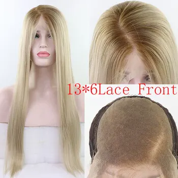 

Bombshell Blonde Roots Ombre Platinum Synthetic 13*3 Lace Front Wig Straight Heat Resistant Fiber Hair Side Partng For Women Wig