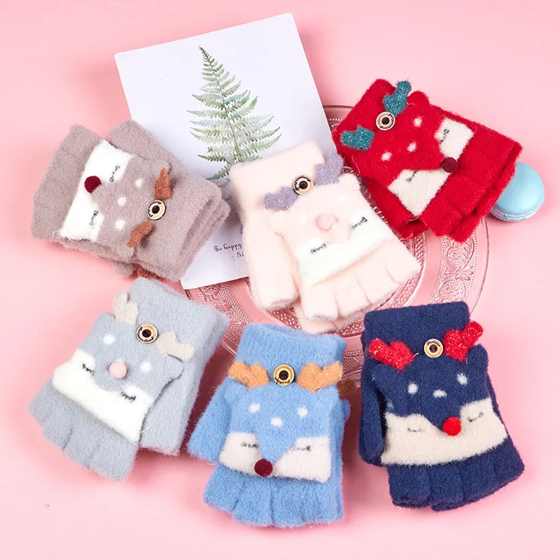 Lovely 4-9 Years Old Children Winter Warm Cartoon Fox Knit Mittens Boy/Girls Fur Wool Knit Kids Soft Half Finger Flip Gloves I40
