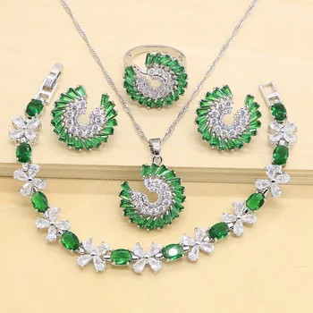 

Green Silver Color Wedding Jewelry Sets Earrings For Women Luxury Jewelry Bracelet Rings Bridal Pendant Necklace Set